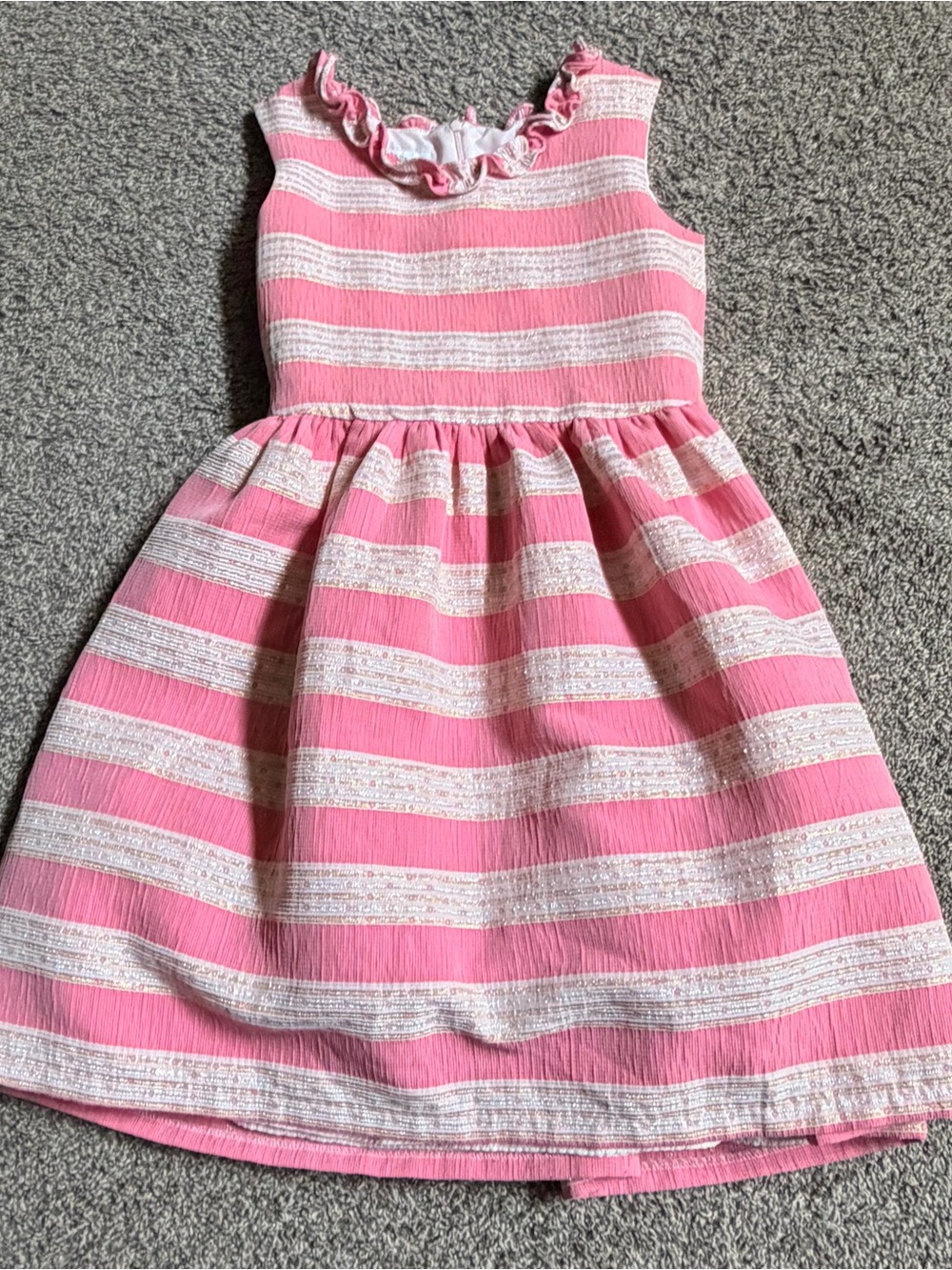 Badgley Mischka Pink & White Striped Ruffle Neck Dress Sz 14
